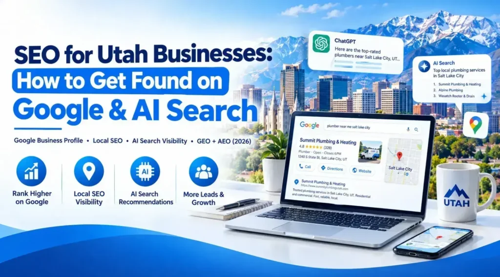 SEO for Utah Businesses, Utah business owner improving SEO visibility on Google and AI search seo for small business utah, seo for large business utah, seo for utah service businesses